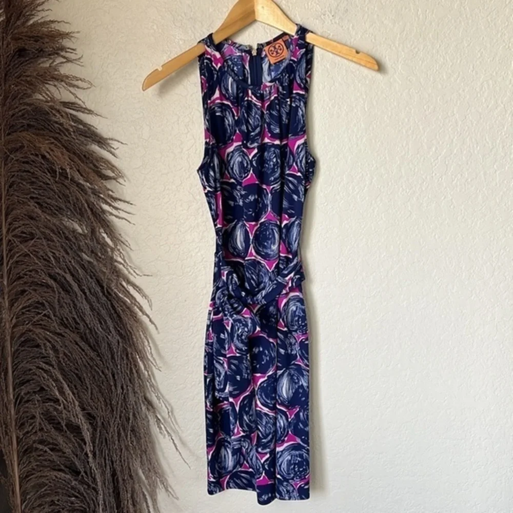 Tory Burch navy and purple printed belted  dress